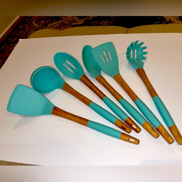 Teal Green Silicone Cooking Utensils Non-Stick Wooden Spatula Ladle Spoon Set 6 - Picture 1 of 6